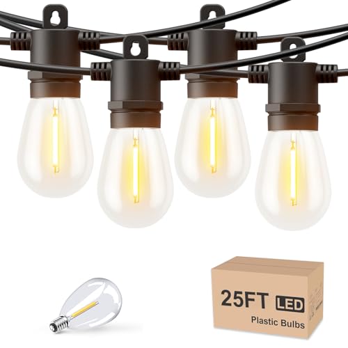 Svater Outdoor String Lights LED 25 FT, Patio Lights for Outside Waterproof IP65 with Shatterproof LED Bulbs, Cafe Bistro Backyard Balcony Hanging Light Warm White - size: 25FT