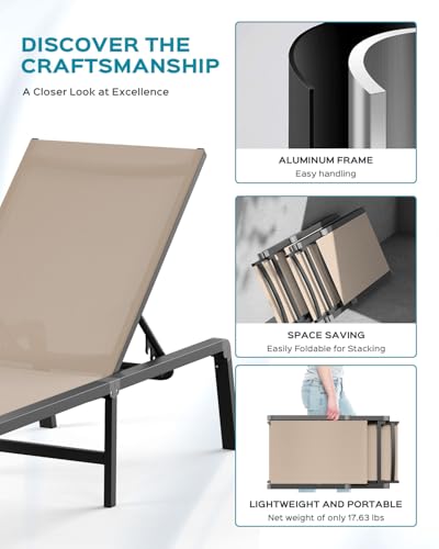 Ciokea Aluminum Foldable Lounge Chairs Set of 2 with 1 Outdoor Aluminum Side Table ，Perfect Match ，Suitable for Courtyard, Balcony, Lawn and Other Scenes，Khaki - color: Khaki, size: 2 Chairs + 1 Side Table (3pcs)