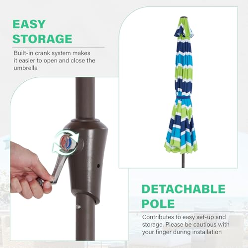 JEAREY 9 FT Patio Umbrella Outdoor, Table Umbrellas Market Umbrella w/Push Button Tilt/Crank, 8 Sturdy Ribs(Blue Green Striped) - color: Blue Green Striped