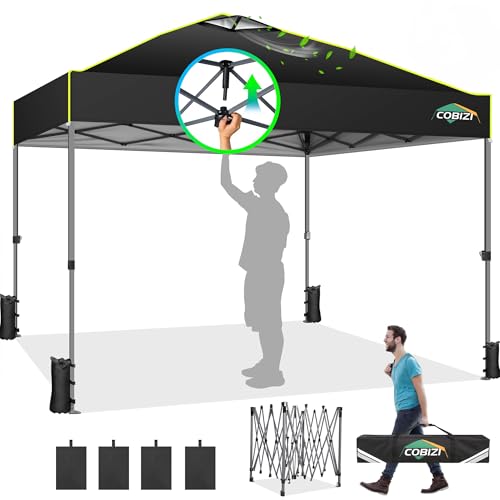 COBIZI Canopy 10x10 Pop Up Canopy Tent 1-Button Push Easy up Outdoor Canopy Instant Portable Commercial Shelter Waterproof UPF50+ Gazebo with Reflective Strip, Air Vent & 4 Sandbags,Black - color: Black(1-year warranty), size: 10x10ft With No Sidewalls