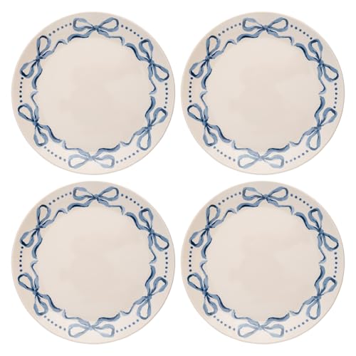 Karma, 8.75 inches Melamine Salad Plates Set of 4, Reusable Dishwasher Safe Plates for Outdoor and Indoor, Blue Bows - color: Blue Bows