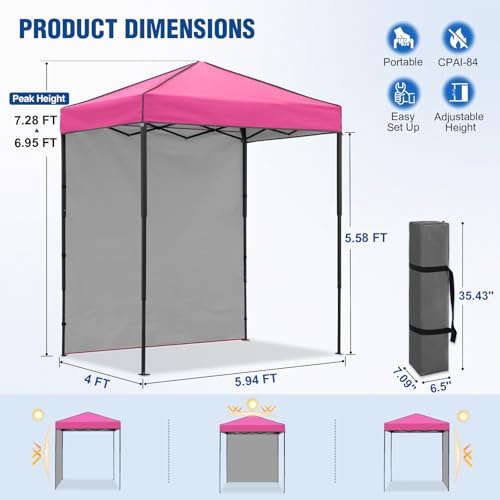 6x4 Pop Up Canopy Tent with One Wall Panel, Instant Portable Beach Canopy, Outdoor Tent with Carry Bag for Camping, Sports, Tailgating, Events, Pink - color: Pink, size: With One Wall