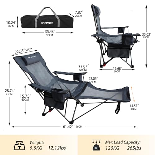Reclining Camping Chair with Removable Footrest Lounge Chair with Headrest, Cotton Cushion, Portable Adjustable Folding Chairs - color: Gery, size: 2 pack