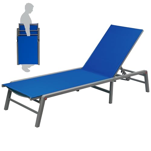Kozyard Outdoor Foldable Lounge Chair, Aluminum Frame Patio Lounger with 5-Position Adjustable Backrest, Breathable Textilene Fabric, Assemble-Free, Reclining Full-Flat Poolside(Blue) - color: Blue
