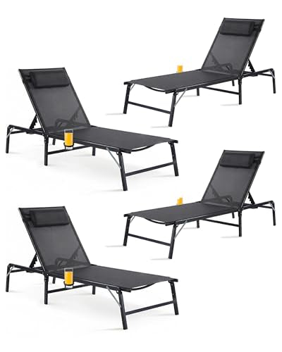 4 Pack Foldable Chaise Lounge Chair with Cup Holder, Assemble-Free Outdoor Lounge Chair with Detachable Pillow and 6 Adjustable Backrest, Patio Lounge Chair for Outside Poolside Beach Pool, Black - color: Black, size: 4-Pack