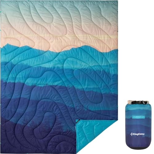 ingCamp Ultralight Camping Blanket, Packable Down Alternative Puffy Printed Wearable Blanket with Snap Buttons & Corner Loops Weatherproof Quilt for Outdoor Travel Stadium (78.7" x 57.1", Cyan/Orange) - color: Scenictrail-cyan/Orange, size: 79" x 57"
