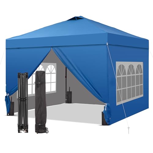 GDY 10x10 Pop Up Canopy Tent with 4 Sidewalls, Easy Set up with One Push Lift Outdoor Silver Coated Beach Gazebos, Carpas with 4 Sandbags, for Events, Parties, and Camping, Navy Blue. - color: Blue, size: 10x10 with 4 Sidewall