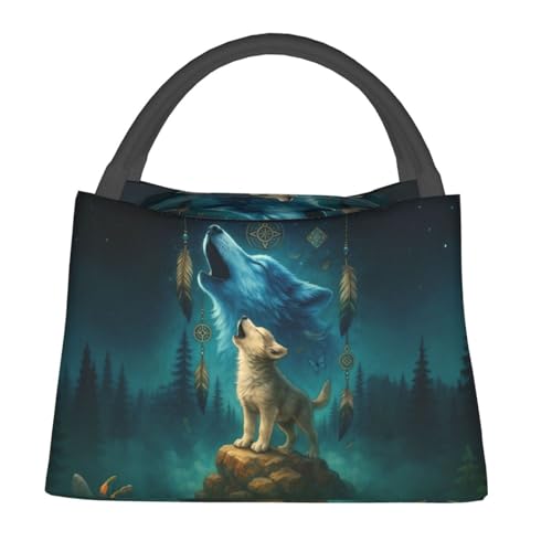 Mystic Wolf Reusable Lunch Box,Mystical Night Forest and Animal Lunchbox for Men Boys,Insulated Lunchbag,11in*6.3in*6.7in,Gifts Makeup Bag,Portable Handbag for Picnic Work Travel Hiking - color: Wolf