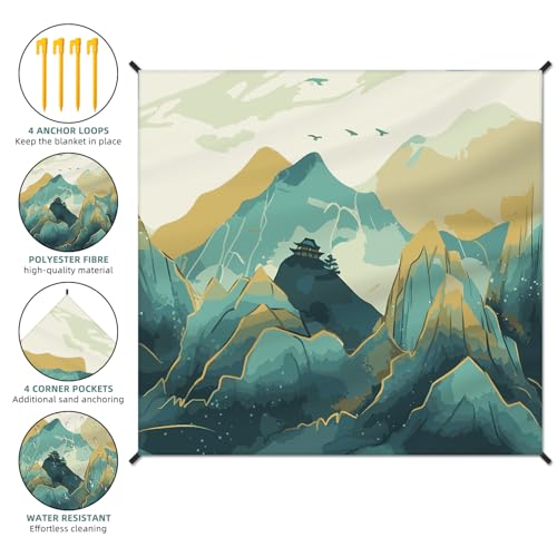 Beach Blanket Waterproof Sandproof Large Beach Mat 79" X 83" for 2-4 Adults Sand Free Mat Quick Drying,Lightweight & Durable with 4 Stakes & 4 Corner Pockets for Beach Travel Camping.(Mountain) - color: Mountain, size: 79" X 83"