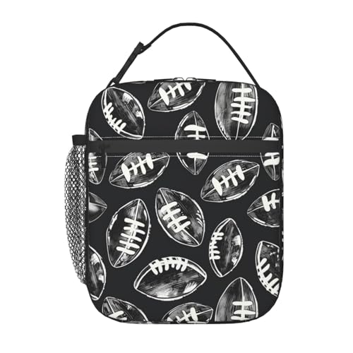 Reusable Football Lunch Box for Kids Girls Boys Women Adult, Insulated Black and White Sport Lunch Bag,Polyester Cooler Handbags Case for School Picnic Work Travel Beach or Hiking - color: Football 01