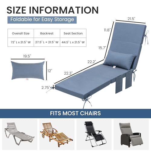 Crestlive Products Sunbrella Foldable Outdoor Chaise Lounge Cushions with Head Pillow and Side Pockets, Water Repellent & Fade Resistant Lounge Chair Cushion, 72''L x 21''W, Set of 2, Denim Blue - color: Sunbrella|blue, size: 72"l X 21"w