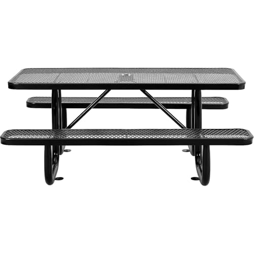 Global Industrial 6’L Rectangular Picnic Table, Expanded Metal, Black Thermoplastic Coating, Attached Benches, 1-1/2” Umbrella Pole Hole, Outdoor-Rated, 1000 lb Capacity, 72” x 30” Tabletop - color: Black