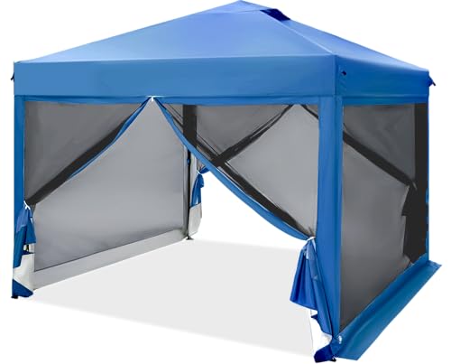 PHI VILLA 10 x 10 Pop Up Canopy Tent with Netting, Instant Gazebo, Ez up Screen House Room with Carry Bag, Height Adjustable, for Outdoor, Garden, Patio,Blue - color: Blue, size: 10x10 with Netting