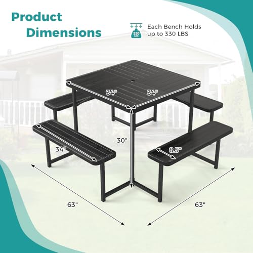 Byroce Outdoor Picnic Table for 4-8 Person, HDPE Picnic Camping Table Set with 4 Benches, Umbrella Hole & Metal Frame, Heavy Duty Square Dining Table Chairs for BBQ in Patio, Yard & Poolside (Black) - color: Black