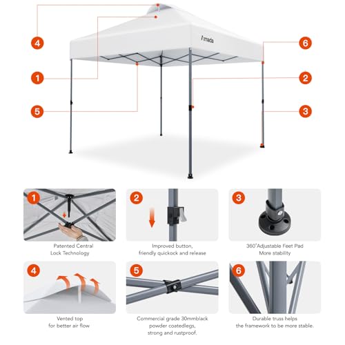 Amada 10x10 Pop Up Canopy Tent, 1-Button Push Easy-up Outdoor Canopy Beach Tent with 3-Height Adjustable Waterproof Shade Shelter, Wheeled STO-N-Go Bag 8 Stakes, 4 SandBags (10x10ft, White) - color: White, size: 10x10ft