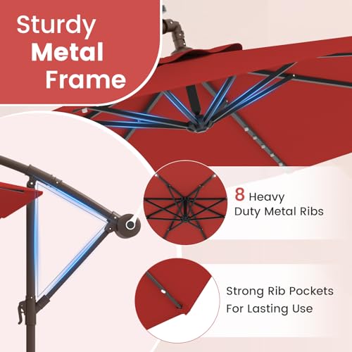 Tangkula 10FT Offset Patio Umbrella with Base Included, Outdoor Cantilever Umbrella with 40 Solar LED Lights, Tilt Adjustment, Crank Handle, Vented Top, Sand Bags for Pool Yard Deck (Burgundy) - color: Burgundy