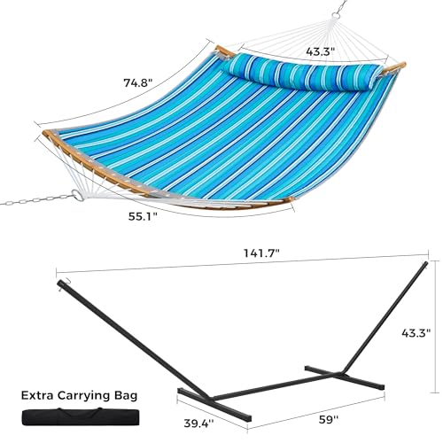 SUPERJARE Hammock with Stand, 2 Person Heavy Duty Hammock with Padded Cotton, Detachable Pillow & Strong Curved-Bar & Portable Carrying Bag, Perfect for Outdoor & Indoor, Aqua Blue - color: Aqua Blue