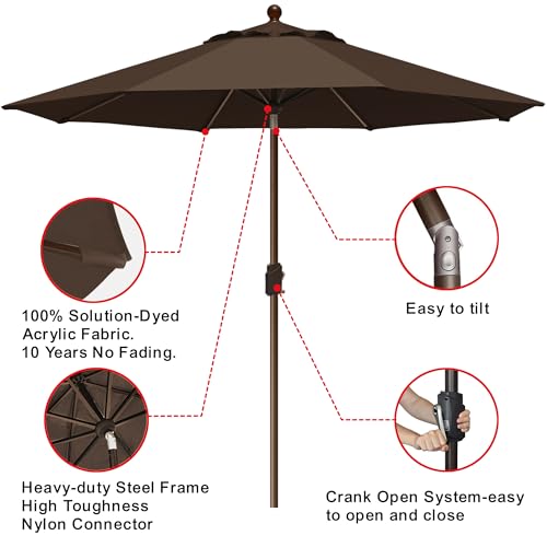 EliteShade USA 10-Year-Non-Fading 9Ft Market Patio Umbrella, UPF 50+ UV Protection Performance Sun Umbrella, Heavy Duty Commercial Grade Outdoor Table Umbrella with Crank & Tilt, Windproof Vented Top for Garden, Pool, Deck and Outdoor Playsets, Chestnut -