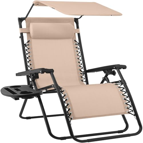 Best Choice Products 30” Wide Folding Zero Gravity Outdoor Recliner Patio Lounge Chair w/Adjustable Canopy Shade, Headrest, Side Accessory Tray - Beige - color: Beige, size: Oversized Extra Wide