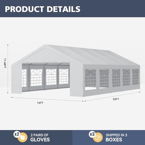 Party Tent 16x32 Canopy Heavy Duty, Waterproof Outdoor Event Tent with Removable Sidewalls & Roll-Up Door, Portable Carport for Wedding, BBQ, Camping, Birthday Party - size: 32x16ft