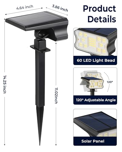 HGGH Solar Lights Outdoor Waterproof IP67, 60 LED 3 Lighting Modes Solar Spot Lights Outdoor for Yard Garden Pathway Landscape, Auto On/Off, Function 2 in 1(Warm White, 4 Pack) - color: Warm White