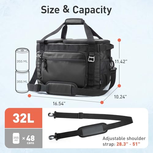 TOURIT Soft Sided Cooler Bag Insulated 30/48/60 Cans, Large Collapsible & Leakproof Ice Chest for Picnic, Beach, Camping, Travel - color: Black, size: 2Zone 48Can 32L