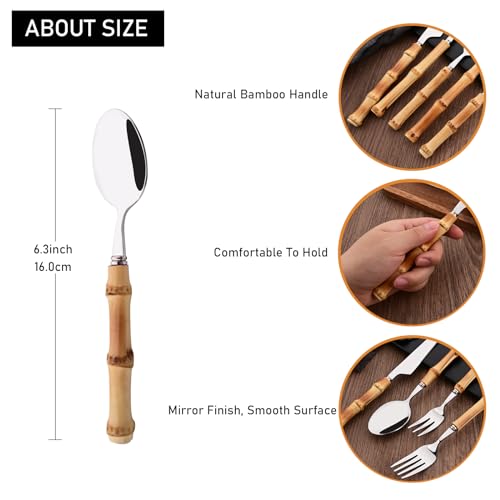 Dessert Spoon Set with Bamboo Handle, 8-Piece Stainless Steel Shiny Silver Dessert Spoon, Natural Bamboo Cutlery, Creative Design Small Spoons for Home Restaurant, 6.65 inch, Handcrafted - color: 8-Piece Dessert Spoon
