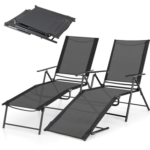 Giantex Lounge Chair Outdoor Set of 2 - Tanning Chair with 6 Adjustable Backrest, 2-Level Footrest, Folding Sunbathing Lounger for Patio, Poolside, Yard, Chaise Lounge Chair, Beach Chair (Black) - color: Black