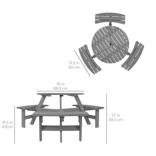 Best Choice Products 6-Person Circular Outdoor Wooden Picnic Table for Patio, Backyard, Garden, DIY w/ 3 Built-in Benches, 500lb Capacity - Gray - color: Grey