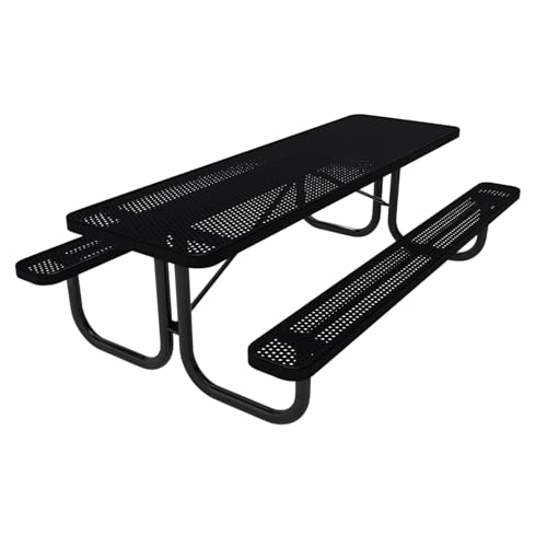 COATEDOUTDOORFURNITURE Heavy-Duty Portable Outdoor Picnic Table, Thermoplastic Coated Punched Steel Commercial-Grade Patio Dining Furniture Made in America (8ft Rectangular, Black) - color: Black, size: 8 Ft, Rectangle, Punched Steel