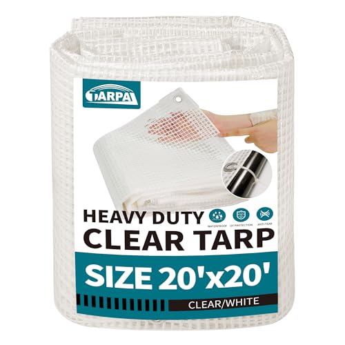 TARPAL 20'x20' Clear White Tarp Heavy Duty Waterproof 12mil with Grommets or Zip Ties for Large Greenhouses for Outdoors Garden,Farm,Chicken Coops - color: Clear White Leno Tarp, size: 20x20ft-Finished size