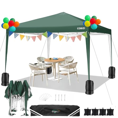 COBIZI 10x10 Pop Up Canopy Tent with 4 Sandbags, Easy Set Up Gazebo, Instant Outdoor Sun Shade &Waterproof Canopy with 8 Stakes,4 Ropes&Carry Bag, Tents for Parties, Beach, Backyard,Camping(Green - color: Green, size: 10x10FT without sidewall