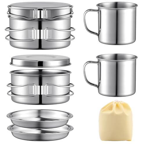 Stainless Steel Camping Cookware Mess Kit - Portable Backpacking Cooking Set with Pot/Plates/Cups & Storage Bag, Outdoor Cookware for Hiking, Picnic, Camping & Backpacking Adventures（8PCS）