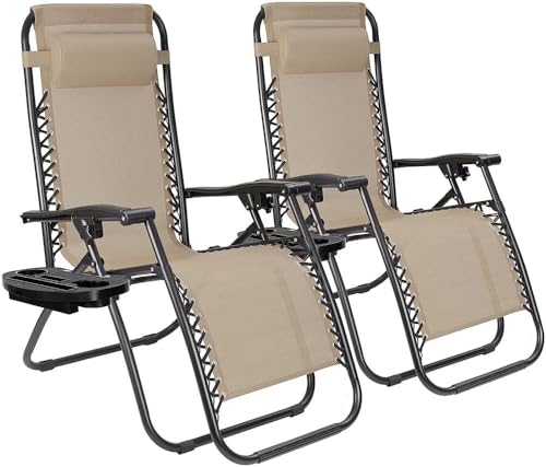 Amazing for less (2-Pack) Zero Gravity Lounge Chair Adjustable Outdoor Reclining Chair Folding Patio Anti-Gravity Indoor Outdoor Lounge Chair w/Pillow, Cup Holder (Two Chairs - Beige) - color: Two Chairs - Beige