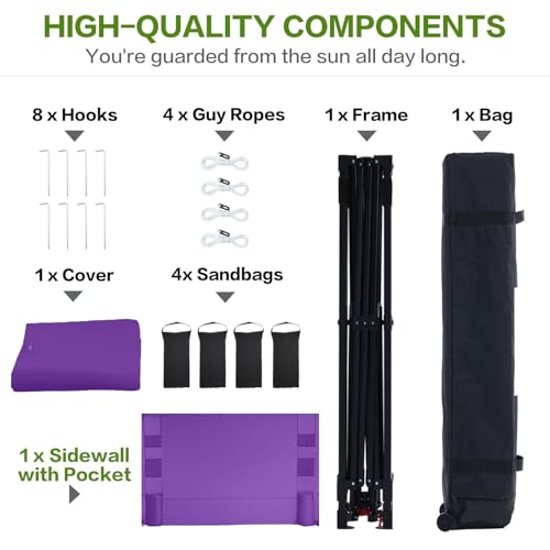 Tunbne 12'x12' Pop Up Canopy Tent with 1 Sidewall and 6 Pockets, One Push Setup, Case, 8 Stakes, 4 Ropes, 4 Sandbags (Purple, 12x12) - color: Purple, size: 12x12