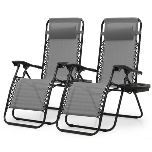 OS MOTOR Zero Gravity Chairs, Portable Folding Reclining Lounge Chairs with Adjustable Pillow and Cup Holder Trays for Outdoor, Patio, Beach, Camping, Garden, Poolside, Set of 2 Gray - color: Grey
