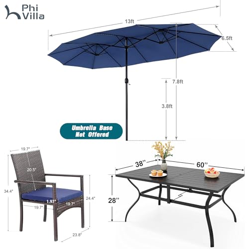 PHI VILLA 7 Piece Patio Dining Furniture Set with Umbrella, 60” Rectangular Metal Dining Table & 6 Cushioned Rattan Wicker Chairs & 13ft Large Blue Umbrella for Outdoor, Deck, Yard, Porch - color: Navy Blue, size: 7 PCS 60" Steel Table