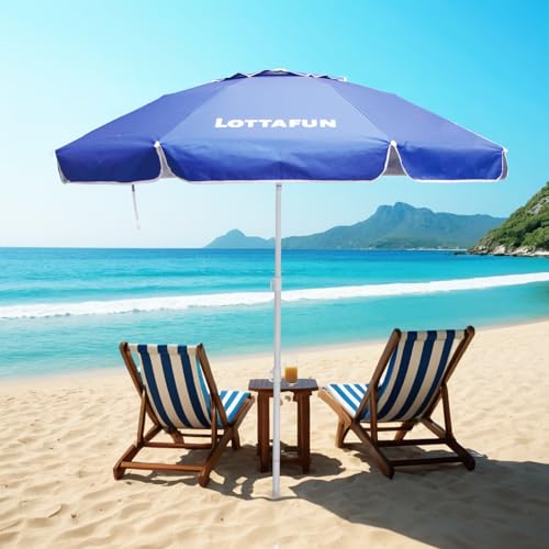 LOTTAFUN 6.5ft Beach Umbrella - Heavy Duty Wind Resistant UV 50+ Portable Sun Shade with Sand Anchor & Carry Bag, Outdoor Folding Umbrella for Beach, Pool, Patio, Garden (Dark Blue) No Tilt - color: Dark Blue