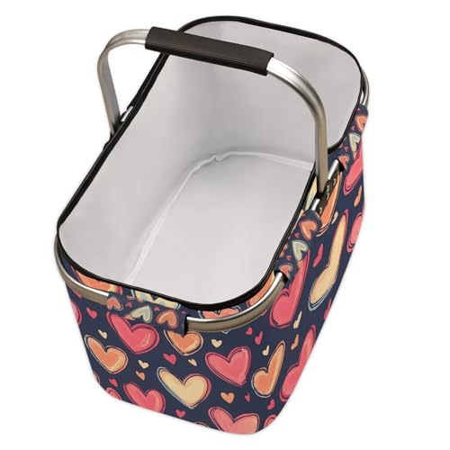 Abstract Modern Hearts Picnic Basket Large Collapsible Market Baskets Portable Reuasble Shopping Bags with Handles for Camping Beach Travel - color: Purple