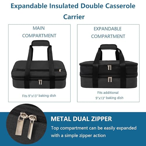 Insulated Casserole Carriers for Hot or Cold Food,Double Decker Casserole Dish Bag Carrying Case,Expandable Food Carrier Warmer Container Bag For Travel Picnic Cookouts.Fits 9"x13" Baking Dish - color: Double Black