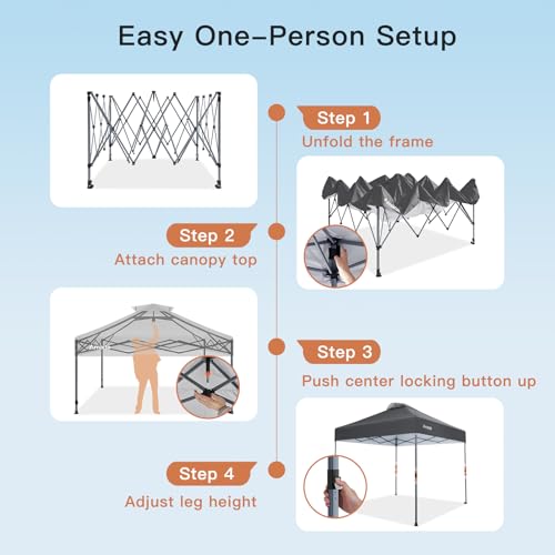 Amada 10x10 Pop Up Canopy Tent, 1-Button Push Easy-up Outdoor Canopy Beach Tent with 3-Height Adjustable Waterproof Shade Shelter, Wheeled STO-N-Go Bag 8 Stakes, 4 SandBags (10×10ft, Dark Gray) - color: Dark Grey, size: 10x10ft
