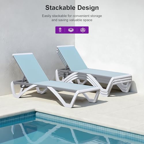 PURPLE LEAF Patio Chaise Lounge Chair Set of 3 Outside Aluminum Plastic Stackable Tanning Chairs for Pool Sunbathing Beach Deck Outdoor Lounger, Light Blue - color: Light Blue, style: 2 chairs + 1 table
