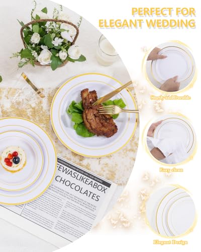 GATHER 700PCS Gold Plastic Plates - Whtie and Gold Disposable Dinnerware Sets 100Guest - 200 Disposable Plate, 300 Plastic Silverware, 100 Cups, 100 Napkins for Wedding & Party - color: Gold, size: 100 Guests