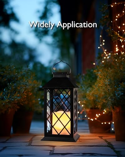 Homemory Solar Lanterns Outdoor Waterproof Hanging with Flickering Flameless Candles, 2 Pack 13'' Garden Outdoor Lantern Decorative for Patio Front Porch Backyard Balcony Cabin Outside Table(Black) - style: Black