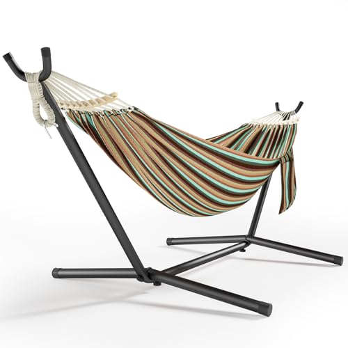 600lbs Hammock with Stand for Outside, 2 Person Portable Hammock with Side Storage, Carrying Bag, Expend Wooden Bar for Outdoor or Indoor (Dark Rainbow) - color: Dark Rainbow