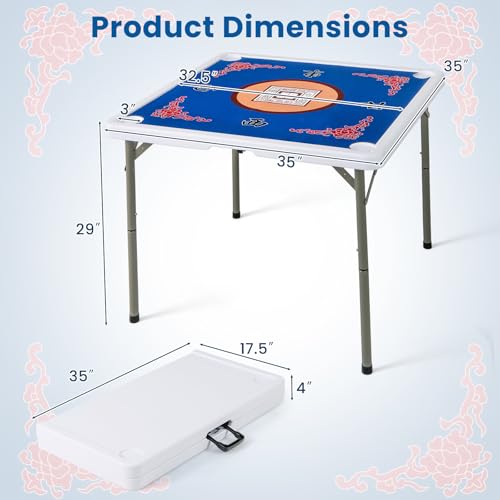 Goplus Mahjong Table, 35" Square Folding Card Table w/4Cup Holders, Anti Slip Mat, HDPE Tabletop, Metal Legs, Portable Mahjong Game Table for Domino Game, Picnic (Table w/Removable Mat, Blue) - style: Blue, Table w/Removable Mat