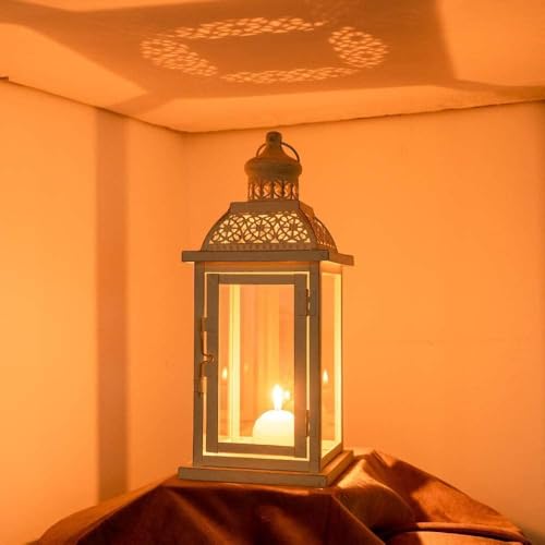 Lantern Decorative Indoor&Outdoor, 2 Pack 14.4'' Large Metal Candle Lanterns, Vintage Hanging Candle Holders for Farmhouse Wedding Front Porch Patio, Halloween Christmas Decorations for Home - color: Begie / 14.4’’h + 14.4''h