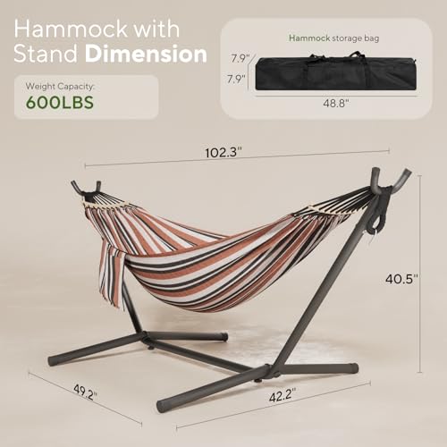 600lbs Hammock with Stand for Outside, 2 Person Portable Hammock with Side Storage, Carrying Bag, Expend Wooden Bar for Outdoor or Indoor (Brown Black) - color: Brown Black