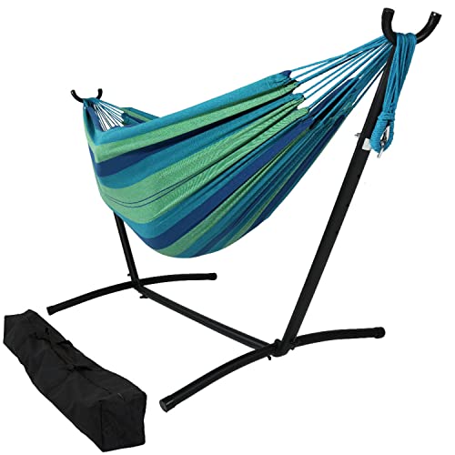 Sunnydaze Double Brazilian Hammock with Stand and Carrying Case - 400-Pound Capacity - Black Stand - Beach Oasis - color: Beach Oasis