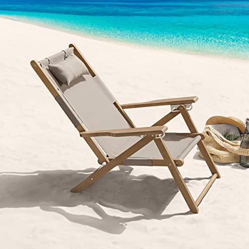 Lavish Home Beach Chair - Outdoor Weather-Resistant Wood Folding Chair with Backpack Straps - 4-Position Reclining Seat - Beach Essentials (Taupe) - color: Taupe, style: Set of 1